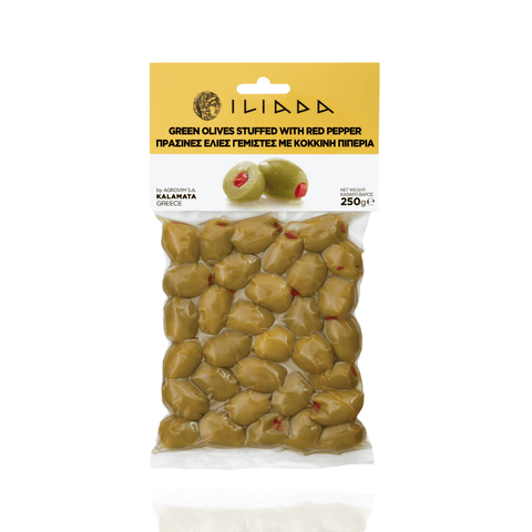 Best ILIADA Green Olives Stuffed with Red Pepper - Gold Line 250g Online - Antigonis Deli Concept